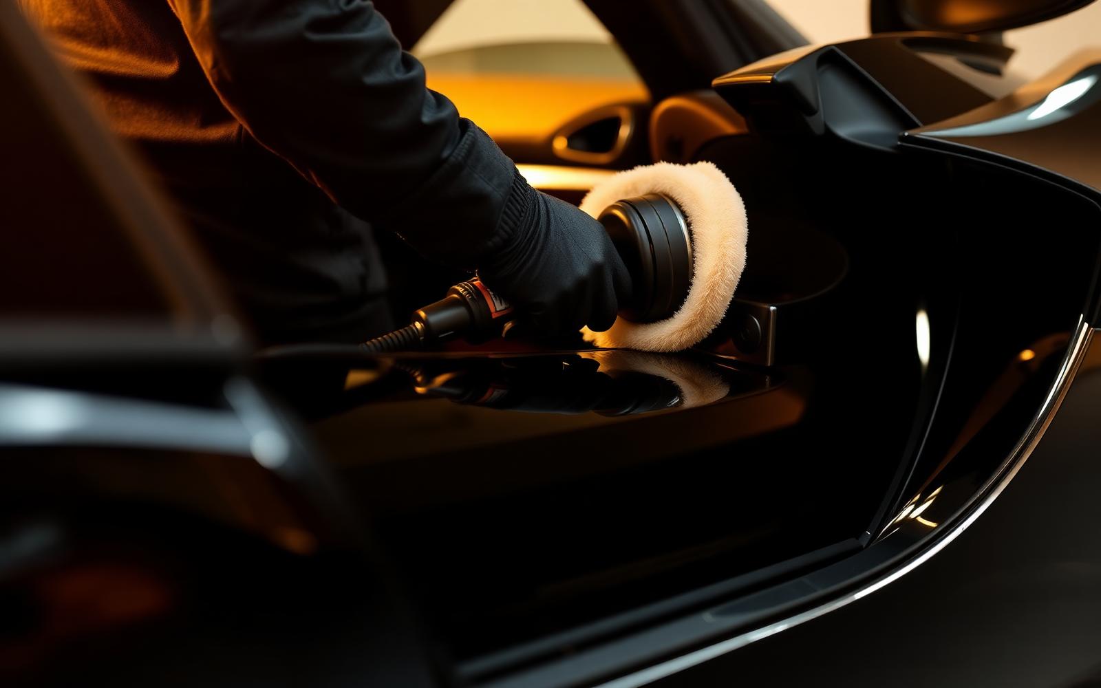 Detailer polishing a luxury black car